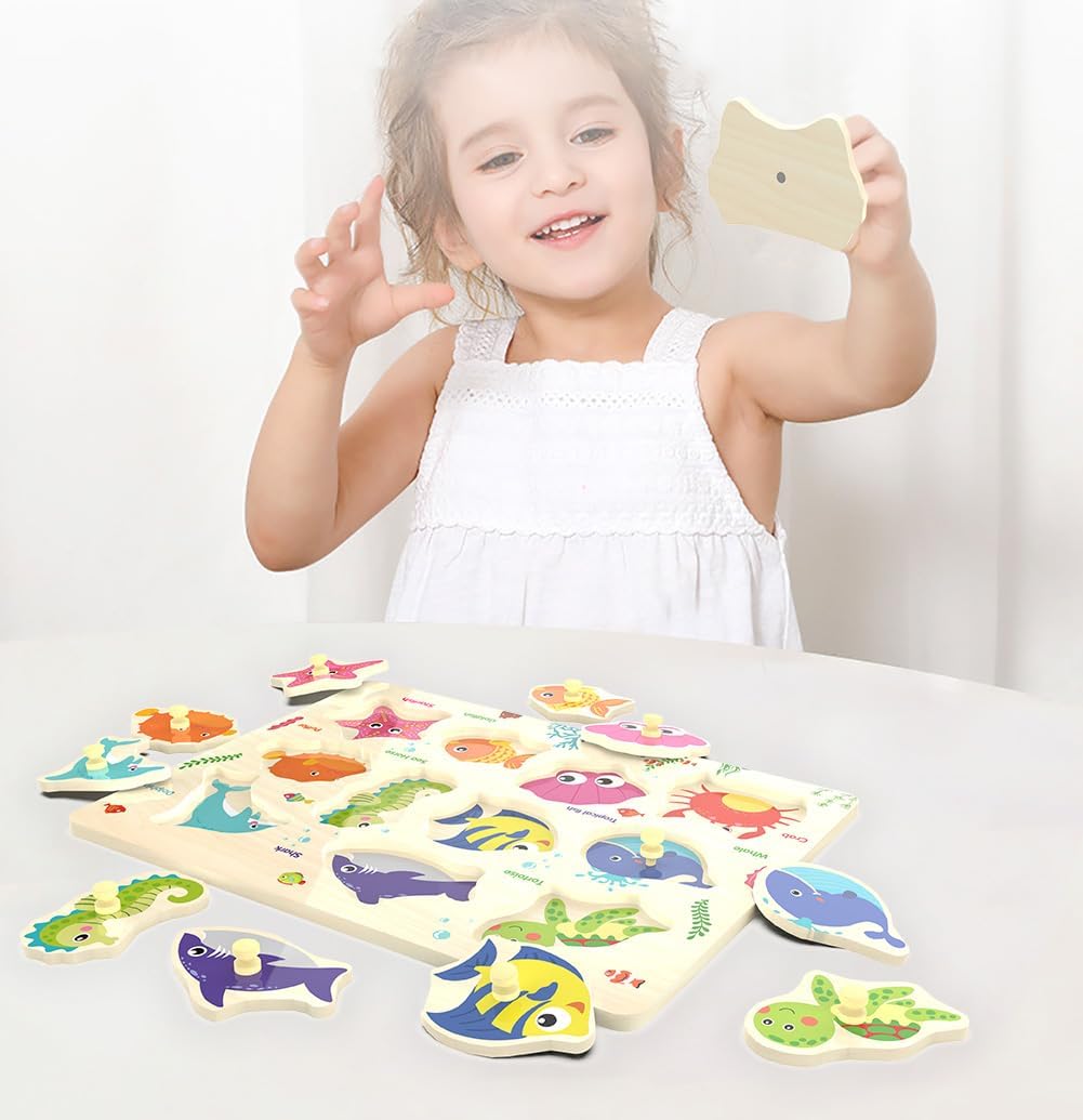 Wooden Peg Puzzle, Sea Creature Chunky Kids Puzzles - image 4