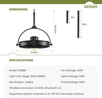Orison 24.8'' Waterproof Outdoor Ceiling Fan, 6 Speed Ceiling Mounted Plug-In Cord Garage Fan with Remote&APP, 360-degree Manual Vertical Rotation, Hook hanging for Gazebo, Patio, Pergola (Black)