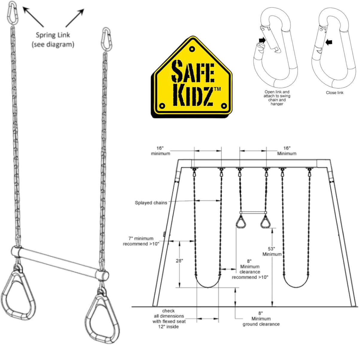 Safe Kidz 18-inch trapeze swing bar with rings and 48-inch heavy duty chain in green - view 2