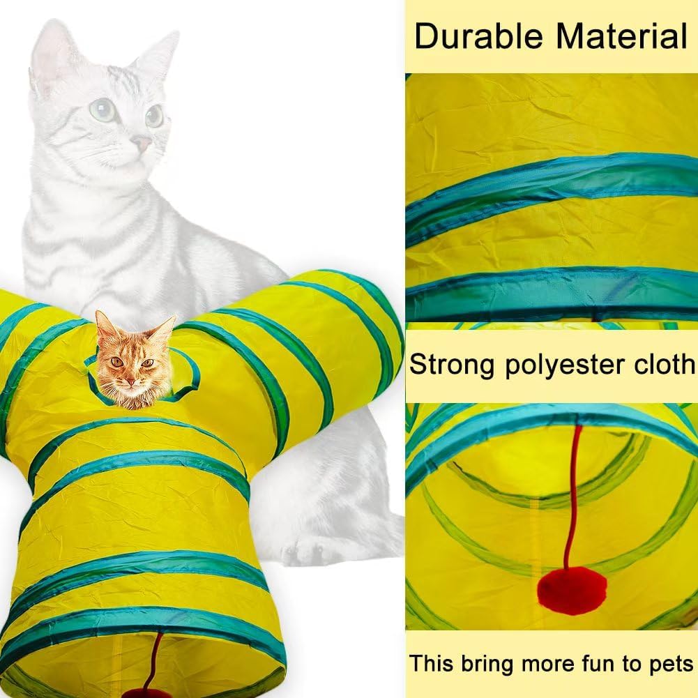 Cat Tunnel Tube Toys, 3 Ways Tunnels for Indoor Cats with Play Ball – Essentials for Cats - 3 Way Yellow Green - image 4