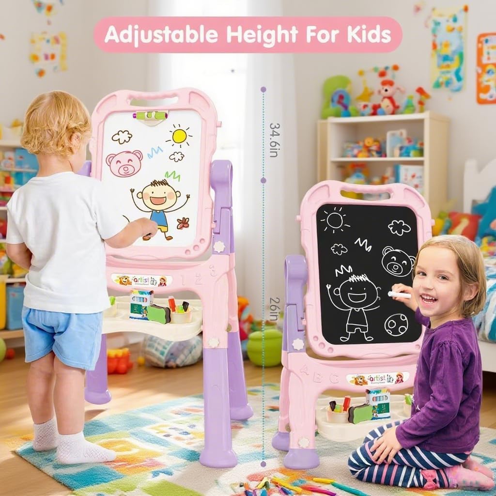 Amagoing Easel for Kids, Adjustable Standing Art Easel for Toddler, Double Side White Chalk Board - Purple Pink - image 2