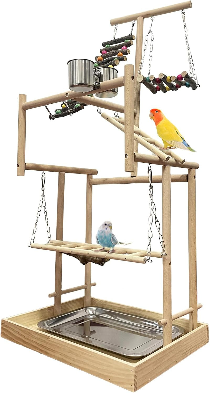 Bird Playground Wooden Parrot Stand Parakeet Perch Bird Play Gym – Essentials for Birds - 4 Layers Large Bird Playground