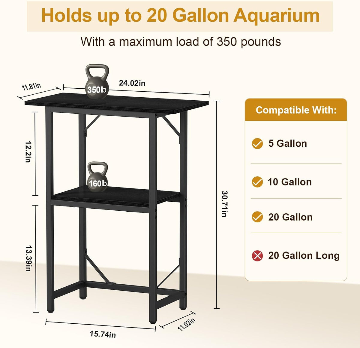 Snughome 10-20 Gallon Fish Tank Stand - Black / 20 Gal-2 Tier - image 3