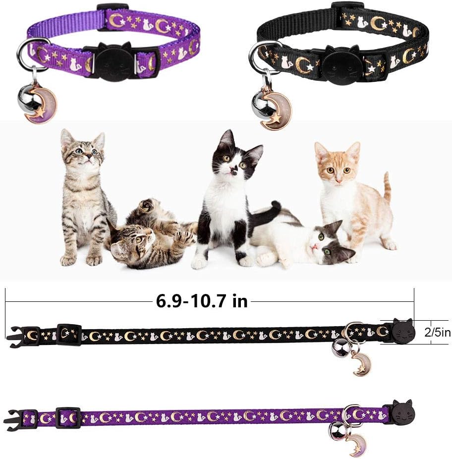 Baeuppit 2PCS Breakaway Cat Collars with Bell Moons Stars Cute Kitty - Neck 6.9-10.7 in / Black&Purple - image 3