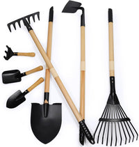 7PCS Kids Gardening Tools, Long Shovel, Rake for Leaves, Spade - Black