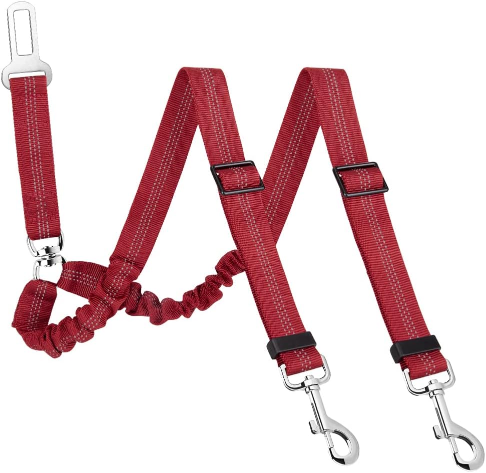 SlowTon Double Dog Seat Belt for Car with Elastic Bungee Buffer - D.Red / 2 Medium in 1