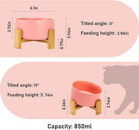 SPUNKYJUNKY 15° Slanted Ceramic Dog and Cat Bowl with Wooden Stand, Tilted Bulldog Food and Water Bowl No Slip Non-Spill for Cats Medium Dogs Big Face Pets 28.7 OZ (3.6 Cups,Pink)