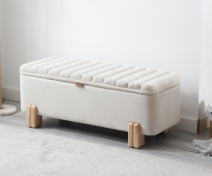 Kmax 45" Storage Bench Linen Entryway Bench Upholstered Ottoman Bench with Wavy Top & Safty Hinge for Bedroom Living Room Hallway, Beige