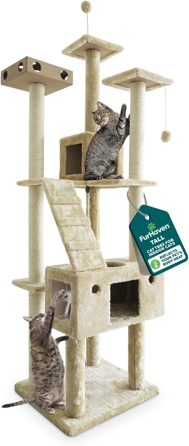 FurHaven 69.3" Tall Cat Scratching Post Tower for Indoor Cats - Cat Tower / Double Decker Playground (Cream)