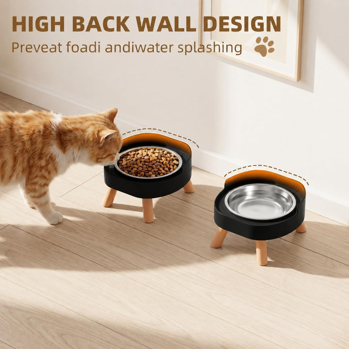Elevated Cat Bowls, 2P Raised Cat Food and Water Bowl Set for Indoor Cats, Splash Proof with 2 - 2P Cat Bowls - Black - image 2
