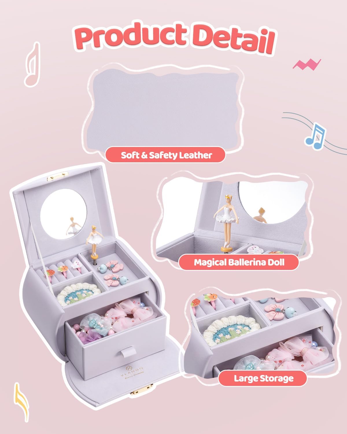 VLANDO 2 Layer Girls Musical Jewelry Box with Ballerina and Large - D.Light Purple - image 2
