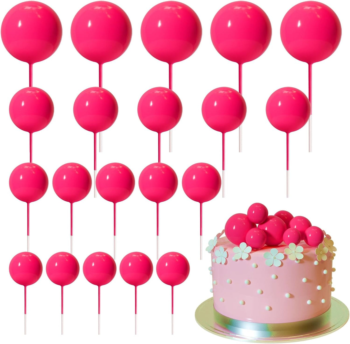 ASTARON 20 Pcs Gold Balls Cake Topper Decorations for Birthday Cake - Hot Pink