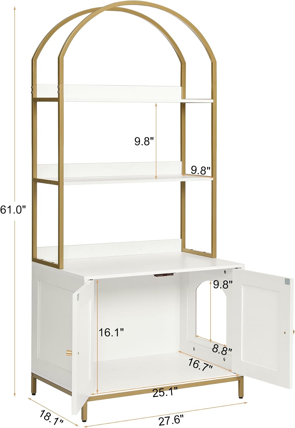 Cat Litter Box Enclosure with 2-Tier Shelves - White and Gold - image 4