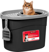 IRIS USA Top Entry Cat Litter Box, Hooded Privacy - Oval / Black w/ Scoop