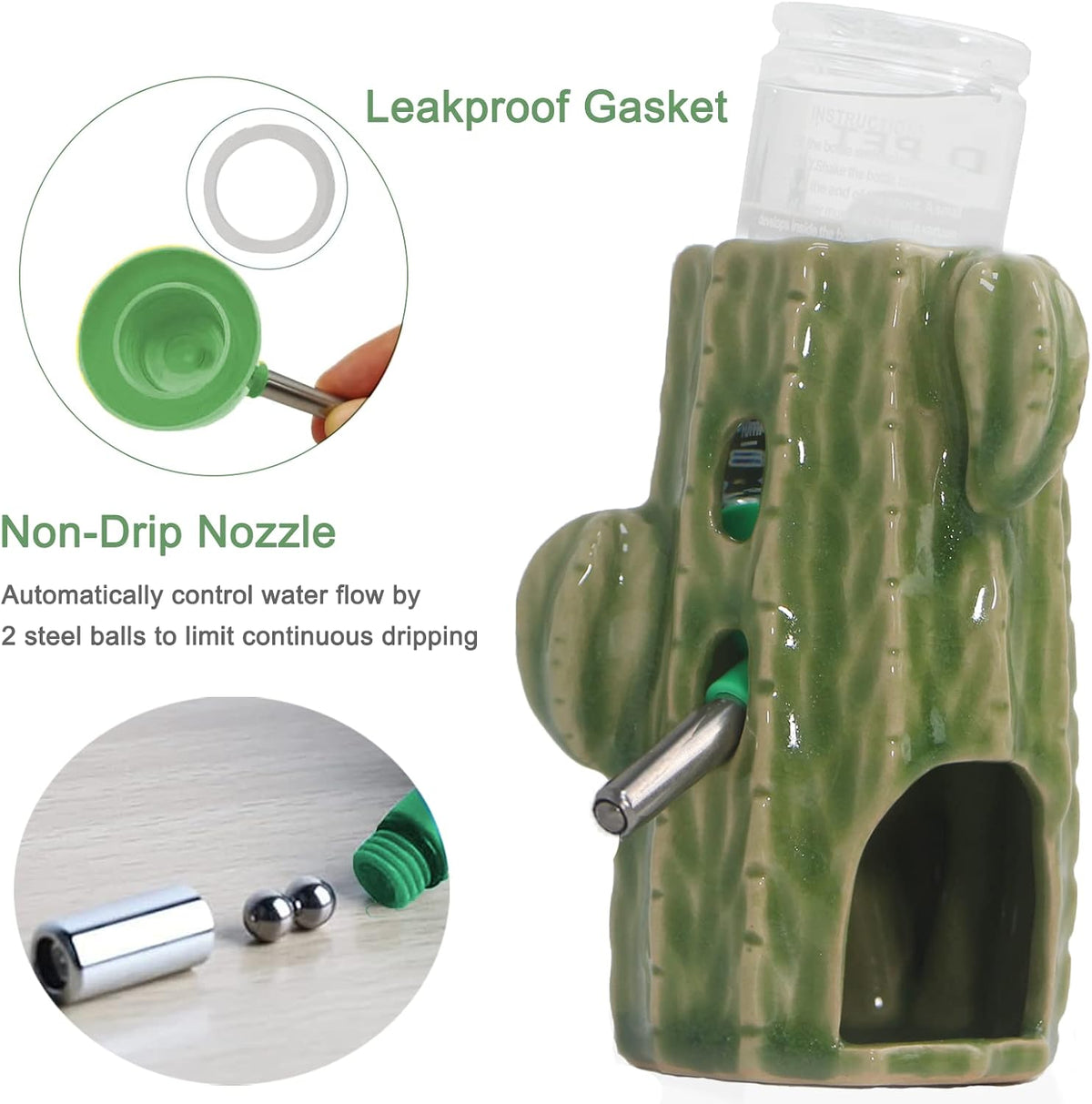 Adjustable No Drip Ceramic Hamster Water Bottle for Glass Tank – Essentials for Small Pets - Green Cactus - image 4