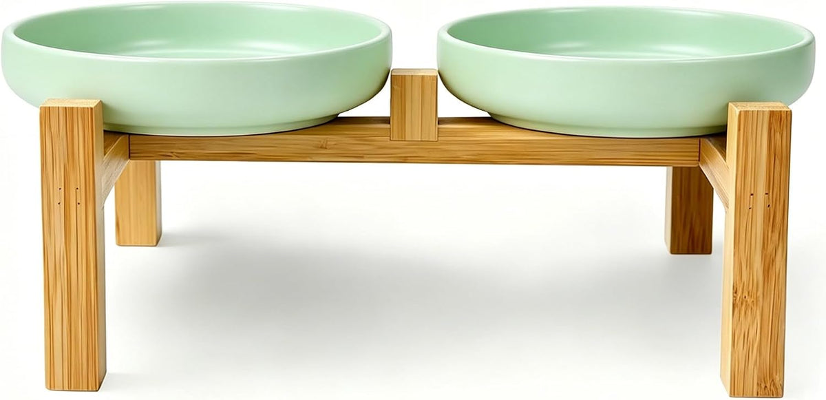 Ceramic Cat Bowls, Shallow Cat Dishes for Food and Water - Mint Green elevated