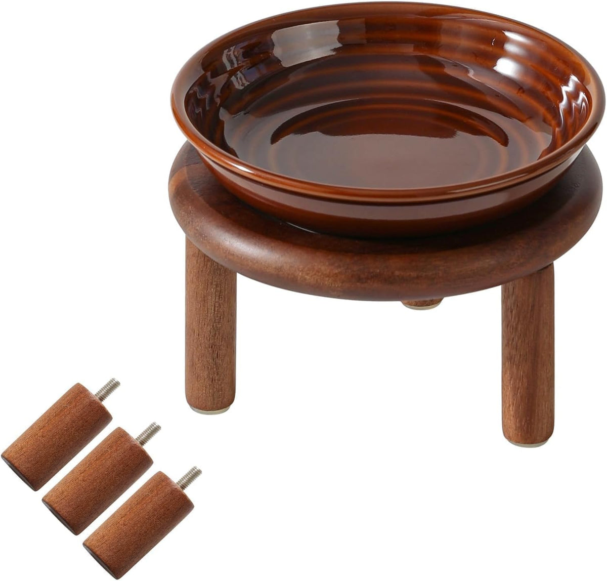 Elevated Cat Bowls, Ceramic Cat Bowl with Bamboo Stand Wide Opening – Essentials for Cats - Brown / Stripe x1 + Acacia Wood