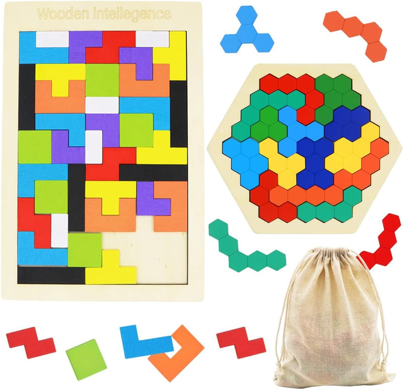 2 Pack Wooden Russian Blocks Puzzle + Hexagon Puzzles for Kids