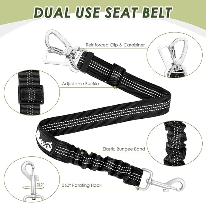 SlowTon Dog Seat Belt Harness for Car, Dog Car Harness Adjustable Mesh Breathable & Dog Seatbelt Safety Tether with Elastic Bungee for Small Medium Large Pets(Black, Double Clip, XXS)