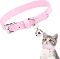 PUPTECK 2 PCS Soft Genuine Leather Cat Kitten Collar with Bells - Light Pink
