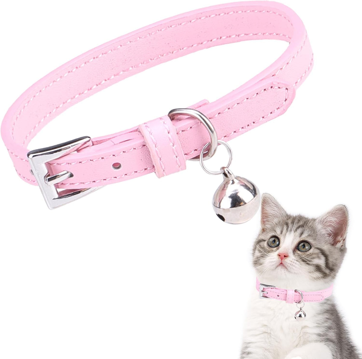 PUPTECK 2 PCS Soft Genuine Leather Cat Kitten Collar with Bells - Light Pink