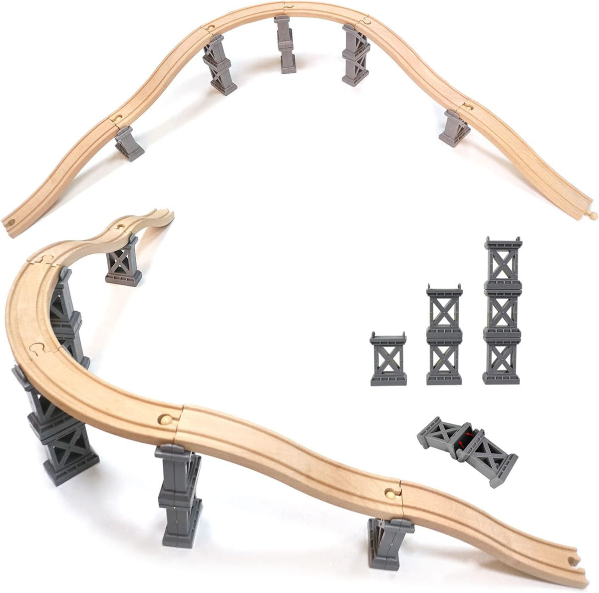 OrgMemory wooden train track bridge supports in natural beech wood with straight tracks - view 6
