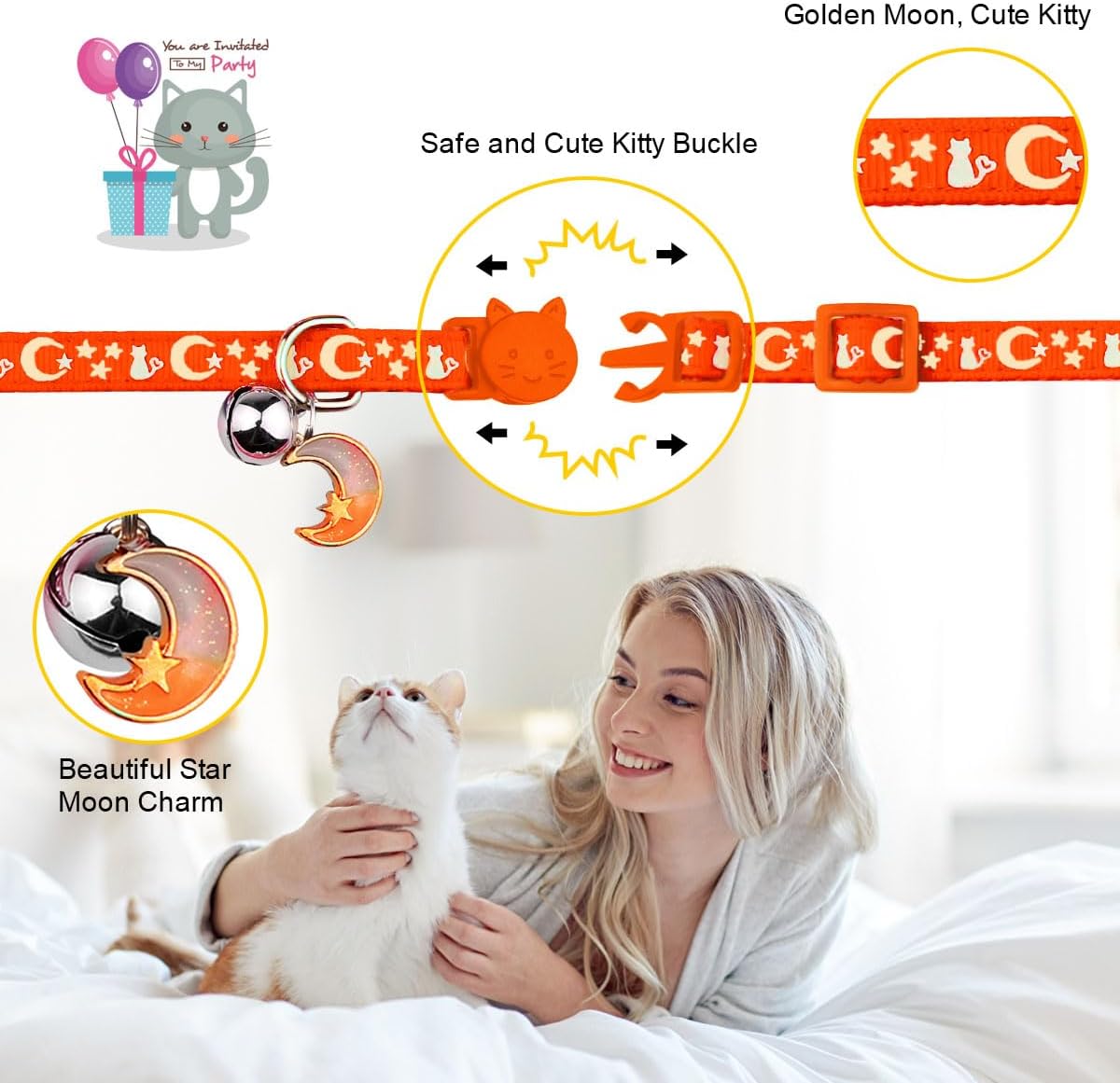 Baeuppit 2PCS Breakaway Cat Collars with Bell Moons Stars Cute Kitty - Neck 6.9-10.7 in / Orange&Black - image 3