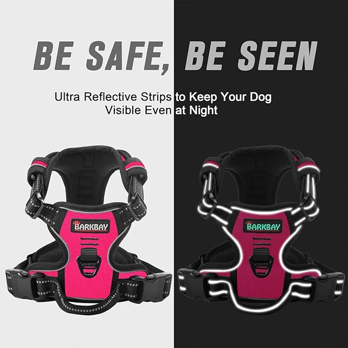 BARKBAY No Pull Dog Harness Front Clip Heavy Duty Reflective Easy Control Handle for Large Dog Walking(Pink,L)