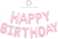 TONIFUL 16 Inch Black Happy Birthday Balloons Banner Decorations - Light Pink White Gingham