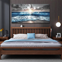 hyidecorart Large Wall Art For Living Room Modern Wall Decor For Office Blue Beach Painting Sea Waves Sunshine Wall Pictures Bedroom Home Decoration Prints Posters Mural Artwork Ready To Hang 60x30