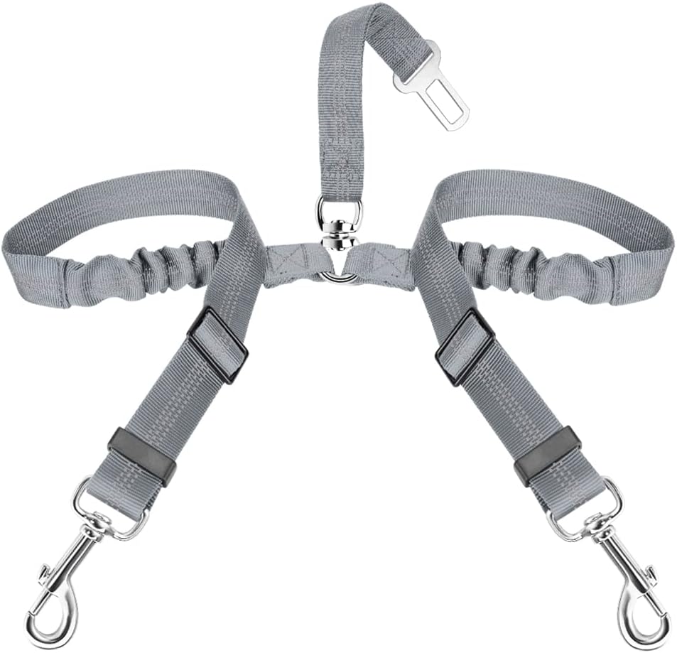 SlowTon Double Dog Seat Belt for Car with Elastic Bungee Buffer - G.Grey / 2 Small in 1