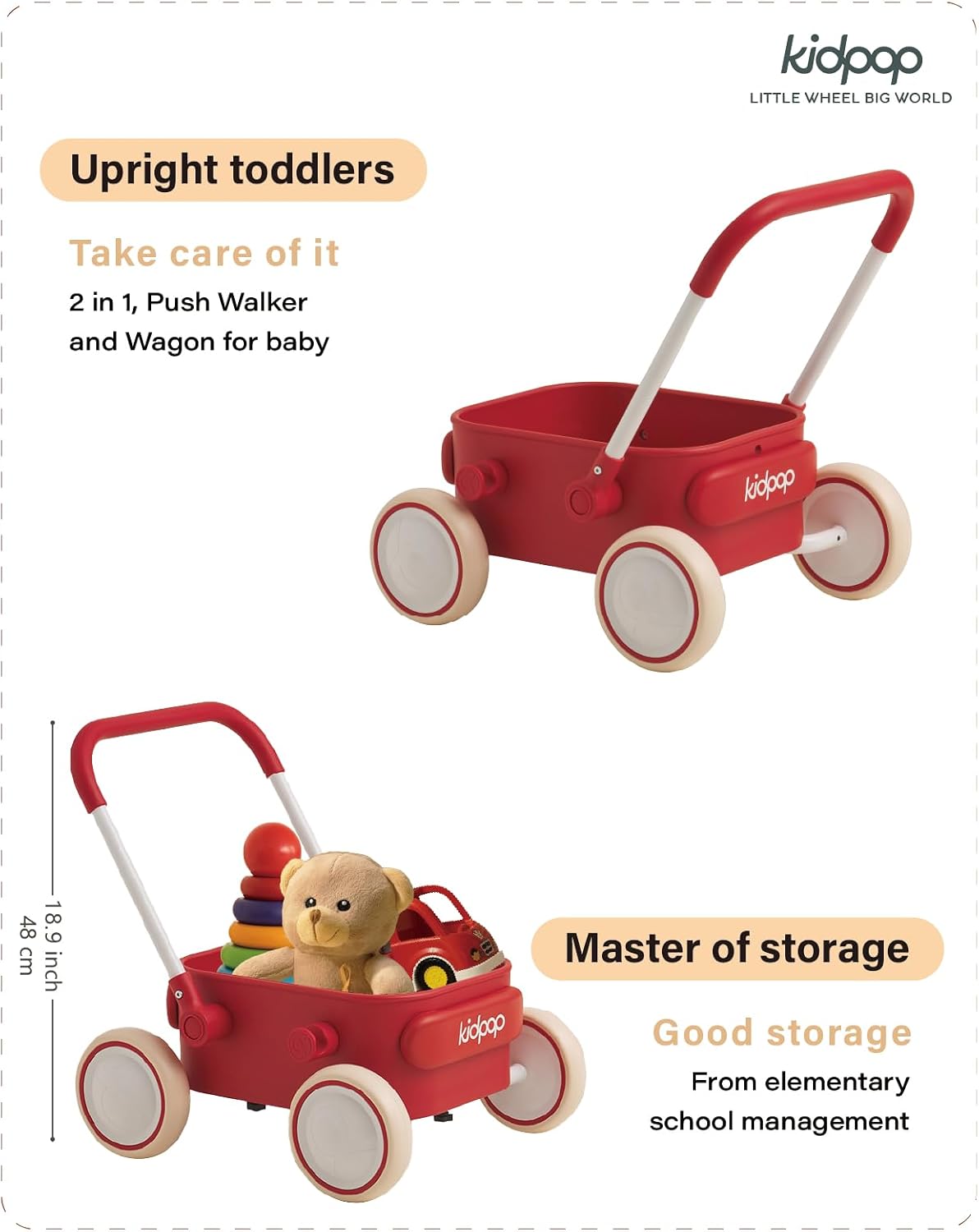 PULA Baby Push Walker with Wheels Toddler Wagon for First Learner - Red - image 2