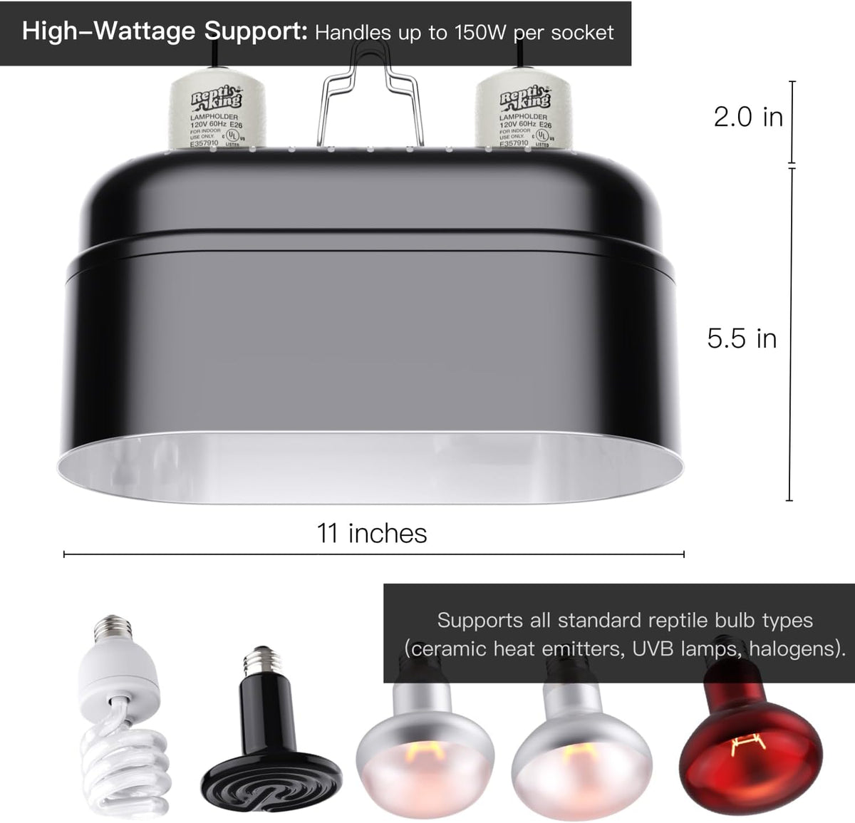 Reptile Light Fixture, 5.5'' Standard Dome for Reptile Basking Bulb Light/Heat Lamp/Ceramic Heat - 1-Pack / Dual Deep Dome - image 3