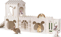Large Rabbit House, Wooden Bunny Castle with 3 Houses Indoor - 4 Houses with Hay Feeder