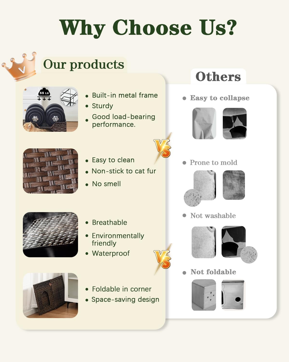 Cat Beds Indoor Kitten House, PE Rattan Cat Cave - Brown / Rectangle-M - image 4