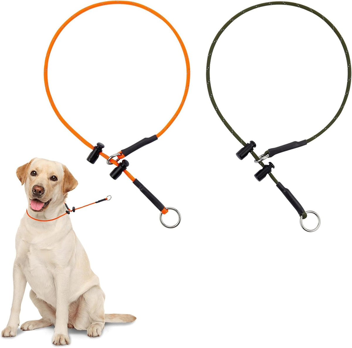 26" Dog Slip Collar – 5/32" Paracord Rope Dog Collar with Spring-Loaded Stopper & Stainless Steel - Army Green & Orange / Small (18" with 2 stoppers)