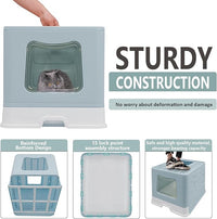 XL Foldable Cat Litter Box with Lid - Jumbo Enclosed Potty - Top Entry Anti-Splashing Toilet - Includes Scoop & 2-in-1 Cleaning Brush (Blue