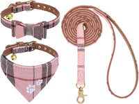 Dog Collar and Leash Set - Embroidery Floral Dog Bow Tie and Bandana Collar with Bell, Cute Flower - Pink / X-Small