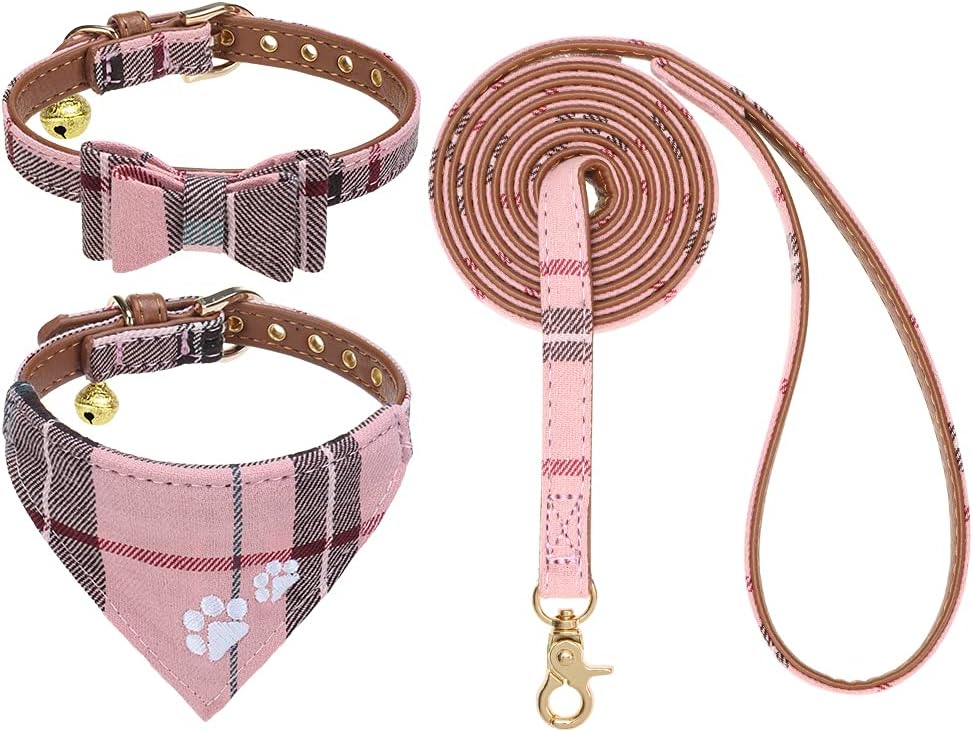 Dog Collar and Leash Set - Embroidery Floral Dog Bow Tie and Bandana Collar with Bell, Cute Flower - Pink / X-Small