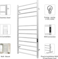 KEG Smart WiFi Towel Warmer Wall Mounted with Built-in Timer and Temperature Adjust Control, 12 Bars Electric Stainless Steel Heated Towel Racks for Bathroom Brushed Nickel
