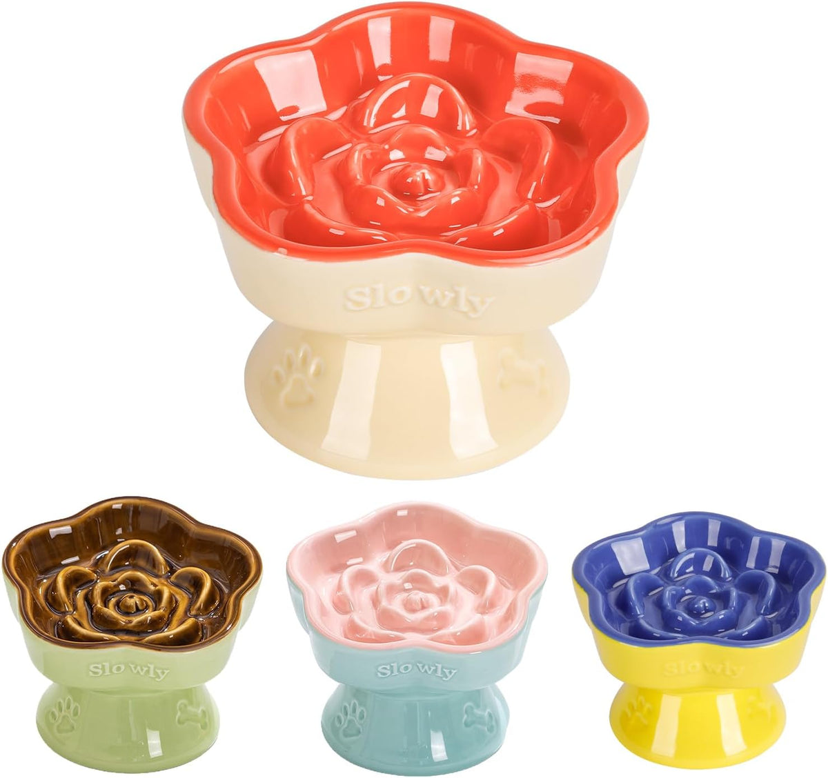 S&Q's CERAMICS Raised Slow Feeder Cat Bowl - 5.8" / Orange