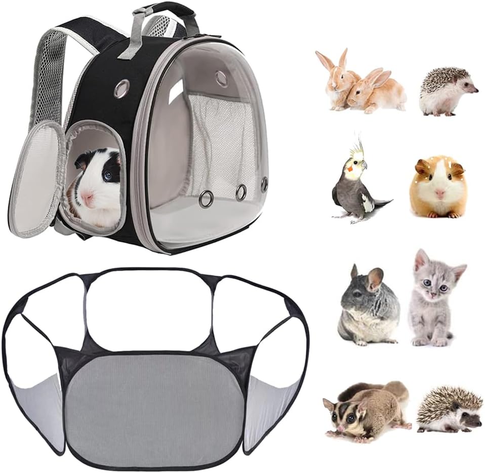 Small Animals Tent, Breathable Transparent Pet Playpen Pop Open Outdoor/Indoor Exercise Fence - Black / Backpack+Playpen