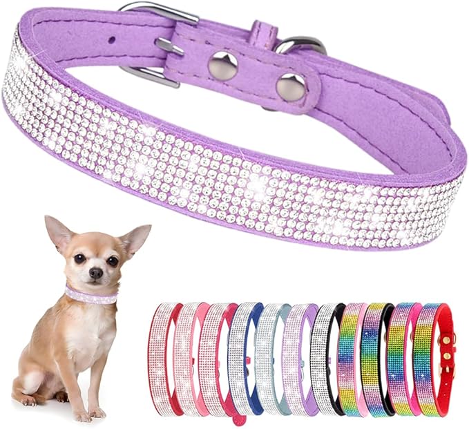 Rhinestone Dog Collar for Small Dogs, Bling Diamond Fancy Crystal Glitter Pretty Jewel Pet Puppy Collars for XXS XS Small Medium Large Breed Girl Dogs Female Cats Kitten, Purple S