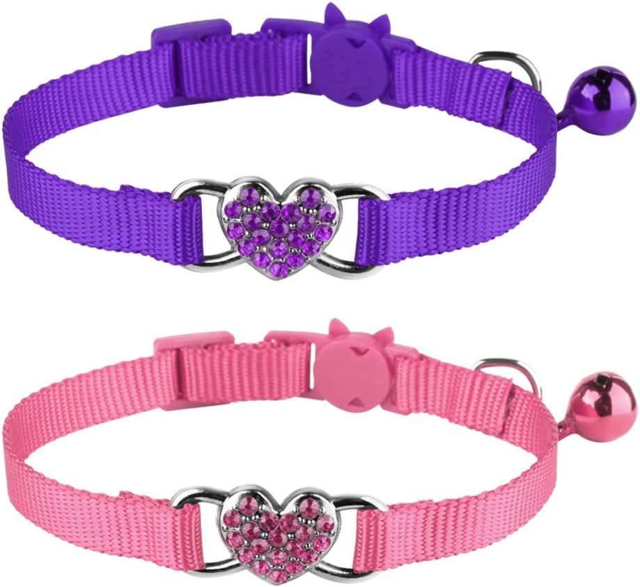 2 Pcs Cat Collars Heart Bling Breakaway with Bell Nylon Adjustable - Pink+Purple