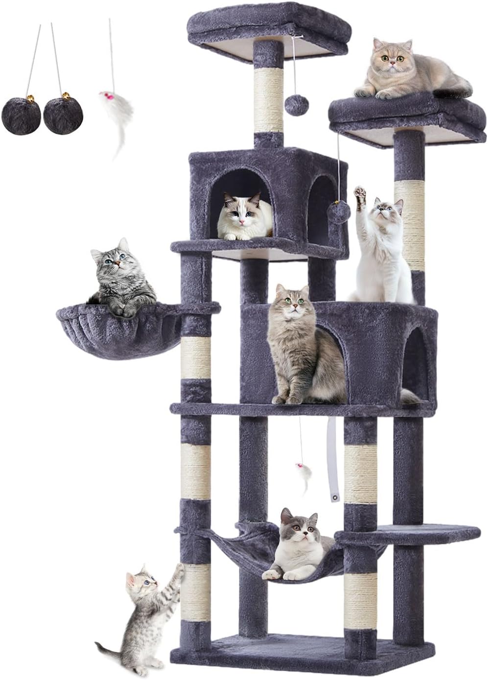 Taoqimiao Cat Tree, 67 in Tall Cat Tower with 2 Plush Cat Condos – Essentials for Cats - 67 inches / Smoky Gray