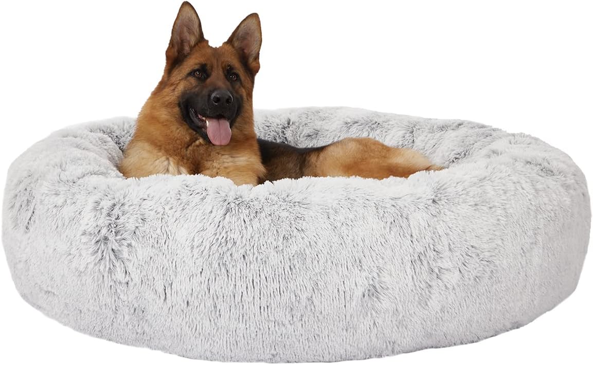 Calming Fluffy Donut Dog Bed for Large Dogs, 36" Round - 45.0"L x 45.0"W x 10.0"Th / Light Grey