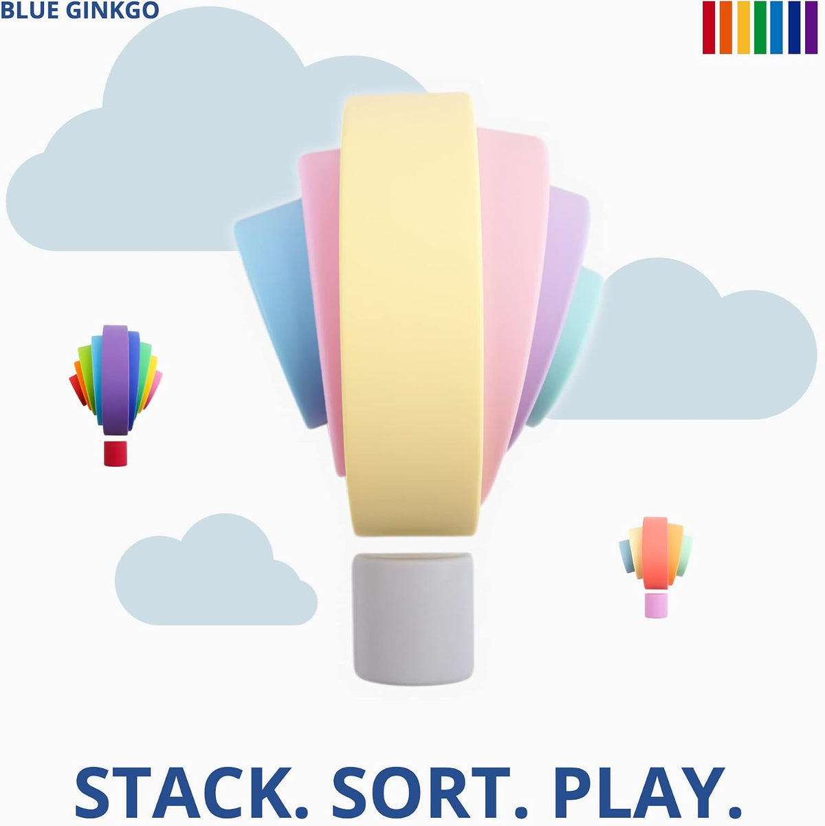BLUE GINKGO 10-Piece Silicone Rainbow Stacker, Montessori Toy - 7 Layer - image 4