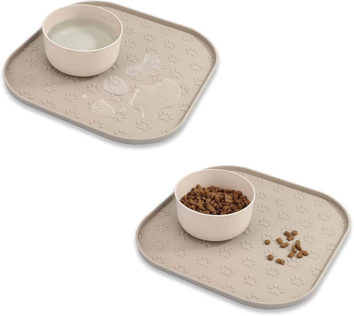 Pet Feeding Mat, Waterproof Anti-Slip Placemats for Dog Cat Bowl Silicone Pet Food Mat, Raised Edge - 2 Beige / 11"L x 11"W