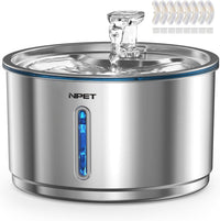 NPET Cat Water Fountain Stainless Steel 1Gal/135oz Automatic Pet - Fountain +8 Filters +8 Sponges