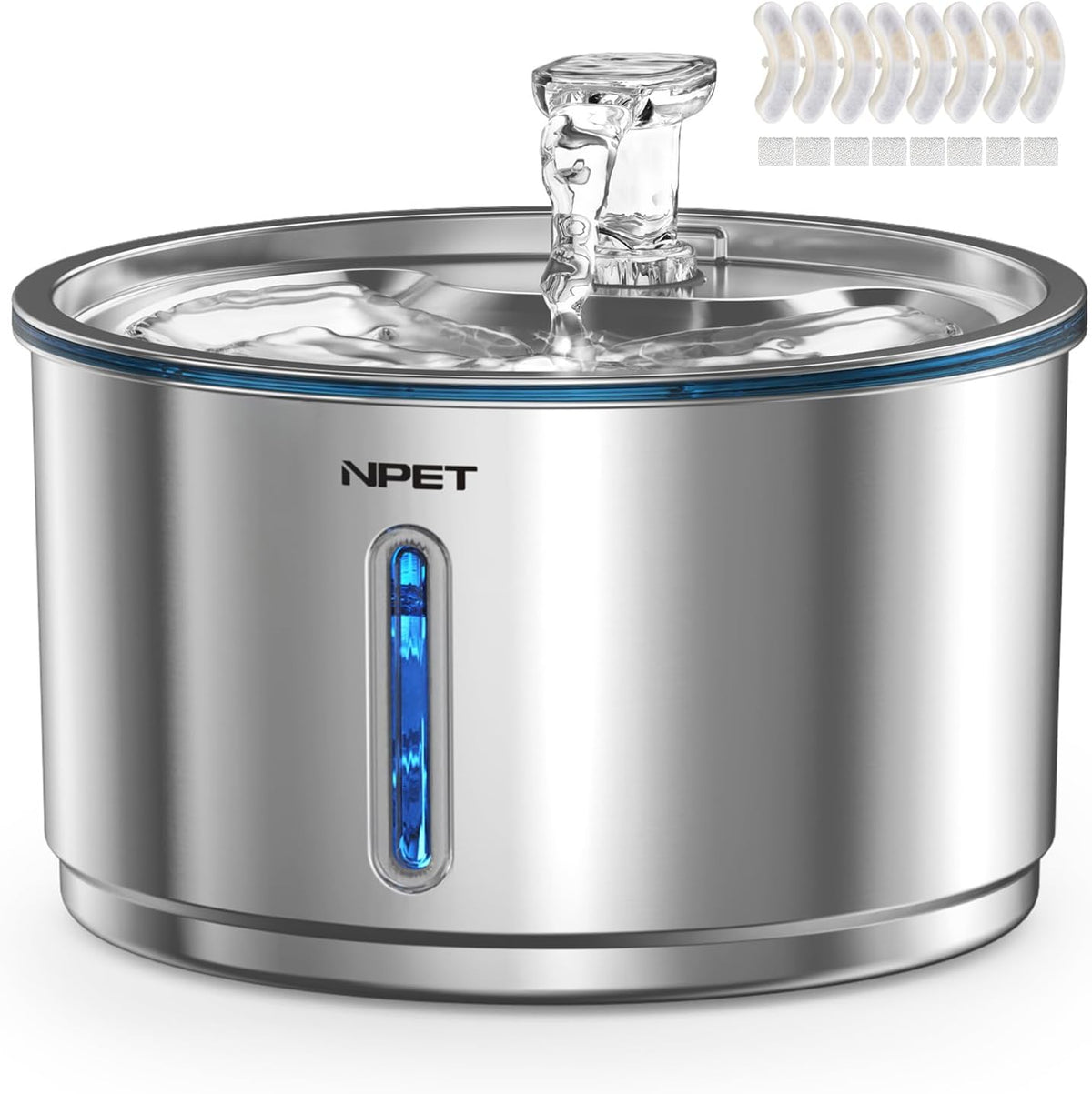NPET Cat Water Fountain Stainless Steel 1Gal/135oz Automatic Pet - Fountain +8 Filters +8 Sponges